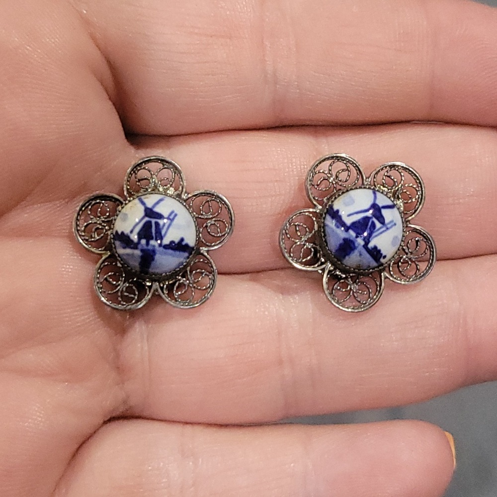 Vintage Delft Circle Porcelain Windmill Sterling Silver Filigree Clip Earrings